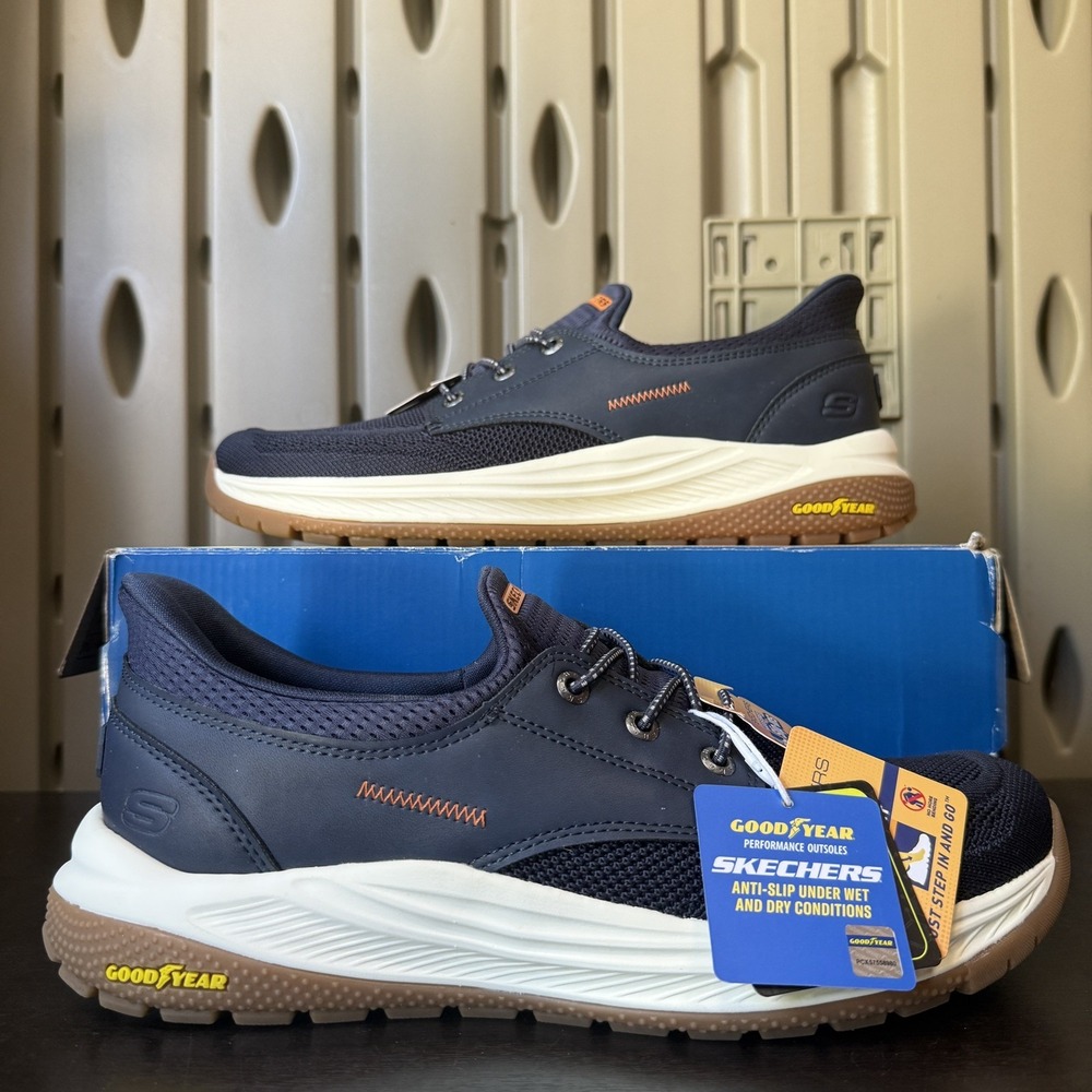 Skechers Shoes Mens 9 Navy Blue Meroe Alden Slip On Goodyear Soles 205467/NVY